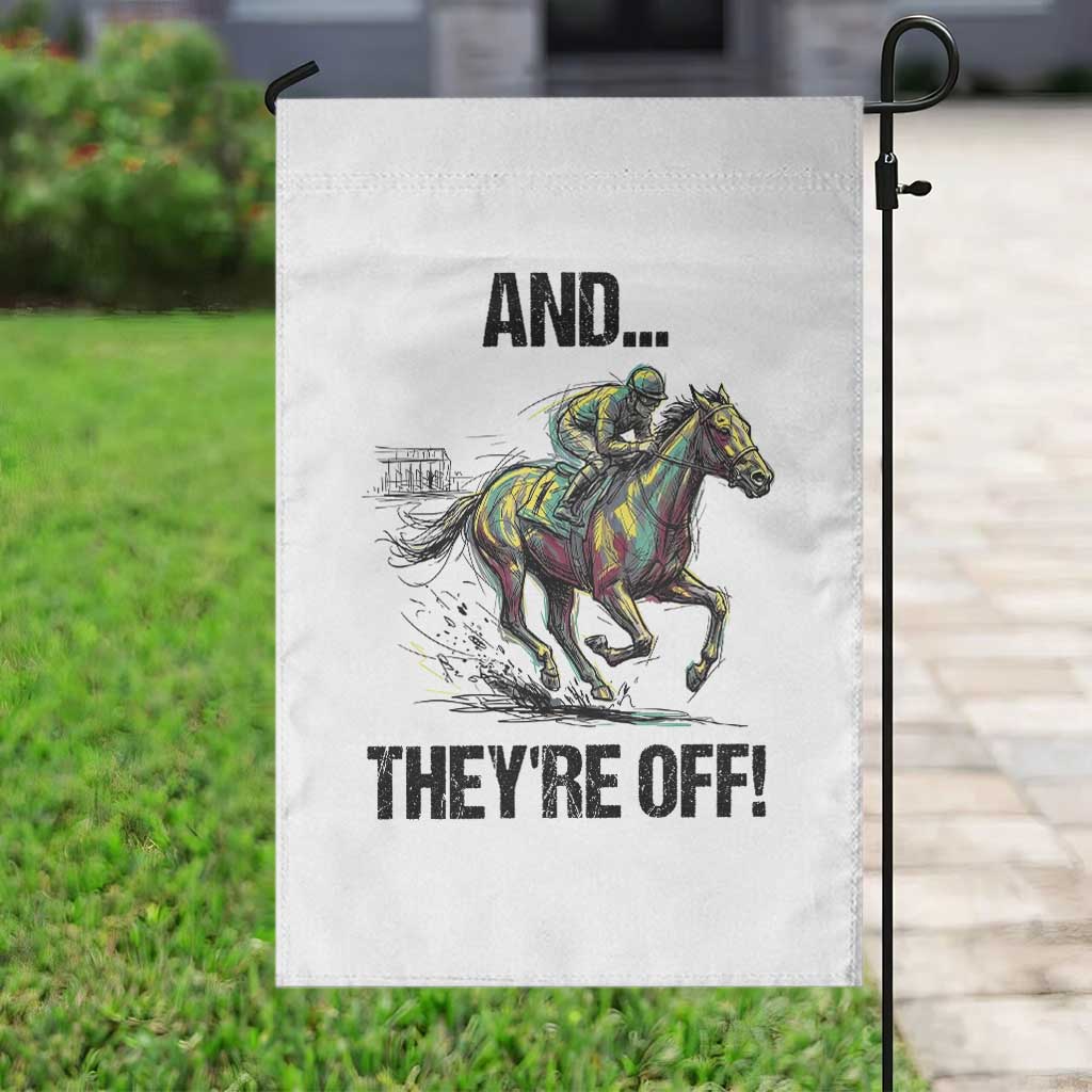 And They’re Off Colorful Horse Racing Sketch Garden Flag Jockey and Thoroughbred Sprinting Race Day TS02 Print Your Wear