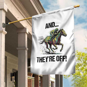 And They’re Off Colorful Horse Racing Sketch Garden Flag Jockey and Thoroughbred Sprinting Race Day TS02 Print Your Wear