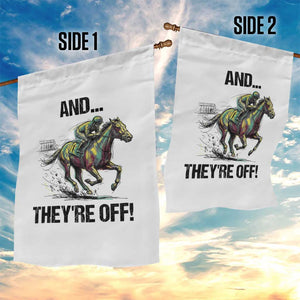 And They’re Off Colorful Horse Racing Sketch Garden Flag Jockey and Thoroughbred Sprinting Race Day TS02 Print Your Wear