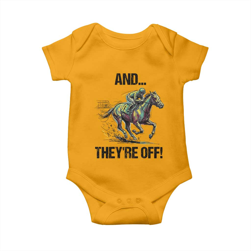 And They’re Off Colorful Horse Racing Sketch Baby Onesie Jockey and Thoroughbred Sprinting Race Day TS02 Gold Print Your Wear