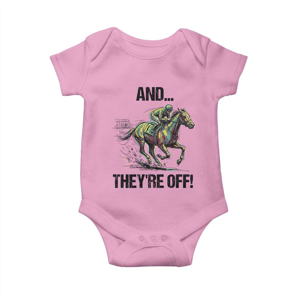 And They’re Off Colorful Horse Racing Sketch Baby Onesie Jockey and Thoroughbred Sprinting Race Day TS02 Light Pink Print Your Wear