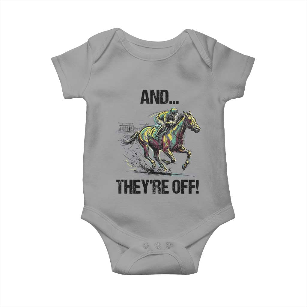 And They’re Off Colorful Horse Racing Sketch Baby Onesie Jockey and Thoroughbred Sprinting Race Day TS02 Sport Gray Print Your Wear