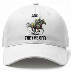 And They’re Off Colorful Horse Racing Sketch Baseball Cap Jockey and Thoroughbred Sprinting Race Day TS02 Print Your Wear