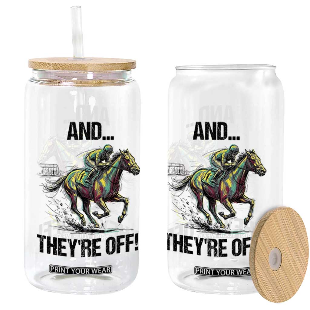 And They’re Off Colorful Horse Racing Sketch Glass Can Jockey and Thoroughbred Sprinting Race Day TS02 Print Your Wear