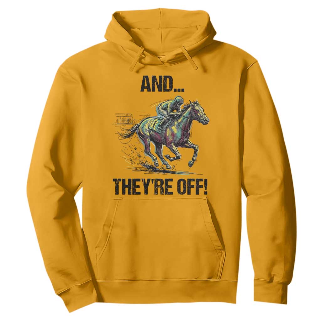And They’re Off Colorful Horse Racing Sketch Hoodie Jockey and Thoroughbred Sprinting Race Day TS02 Gold Print Your Wear