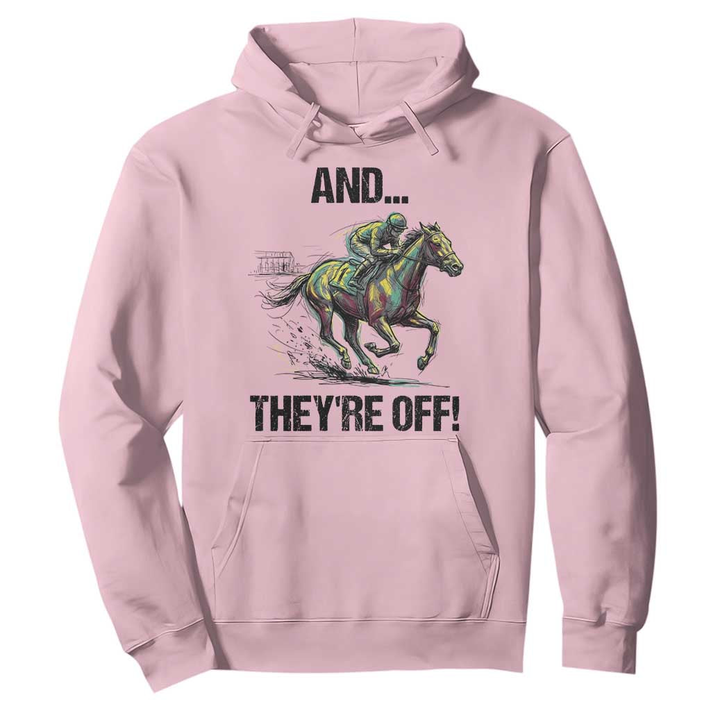 And They’re Off Colorful Horse Racing Sketch Hoodie Jockey and Thoroughbred Sprinting Race Day TS02 Light Pink Print Your Wear