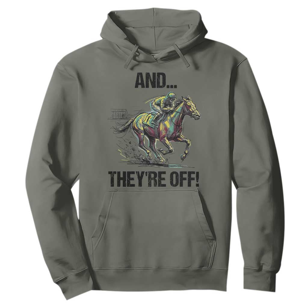 And They’re Off Colorful Horse Racing Sketch Hoodie Jockey and Thoroughbred Sprinting Race Day TS02 Military Green Print Your Wear