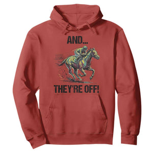 And They’re Off Colorful Horse Racing Sketch Hoodie Jockey and Thoroughbred Sprinting Race Day TS02 Red Print Your Wear