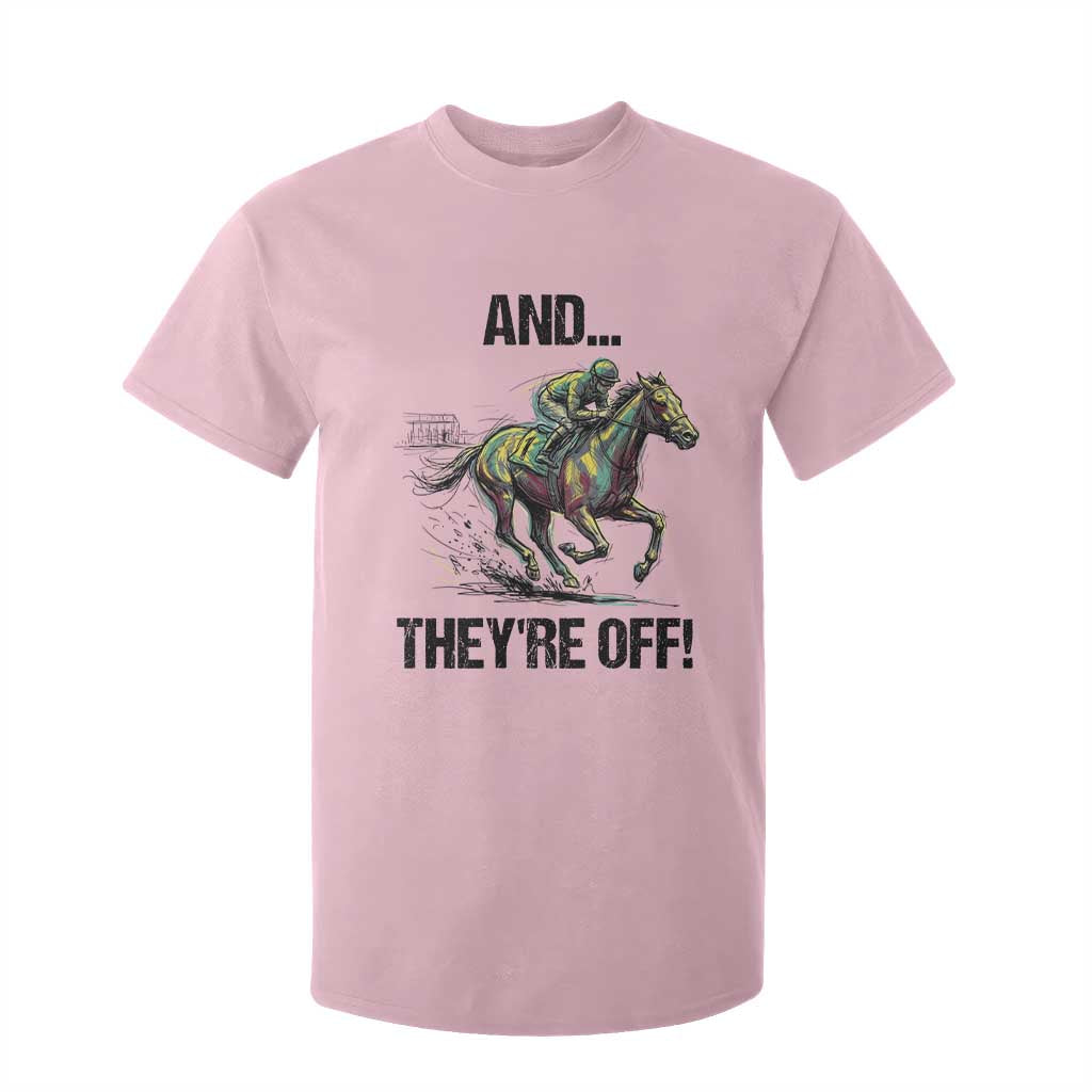 And They’re Off Colorful Horse Racing Sketch T Shirt For Kid Jockey and Thoroughbred Sprinting Race Day TS02 Light Pink Print Your Wear