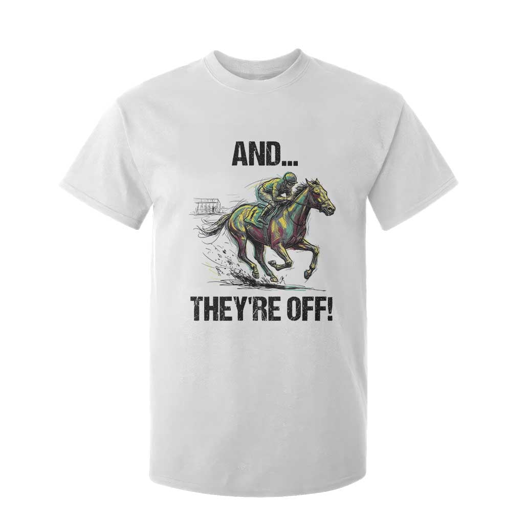 And They’re Off Colorful Horse Racing Sketch T Shirt For Kid Jockey and Thoroughbred Sprinting Race Day TS02 White Print Your Wear