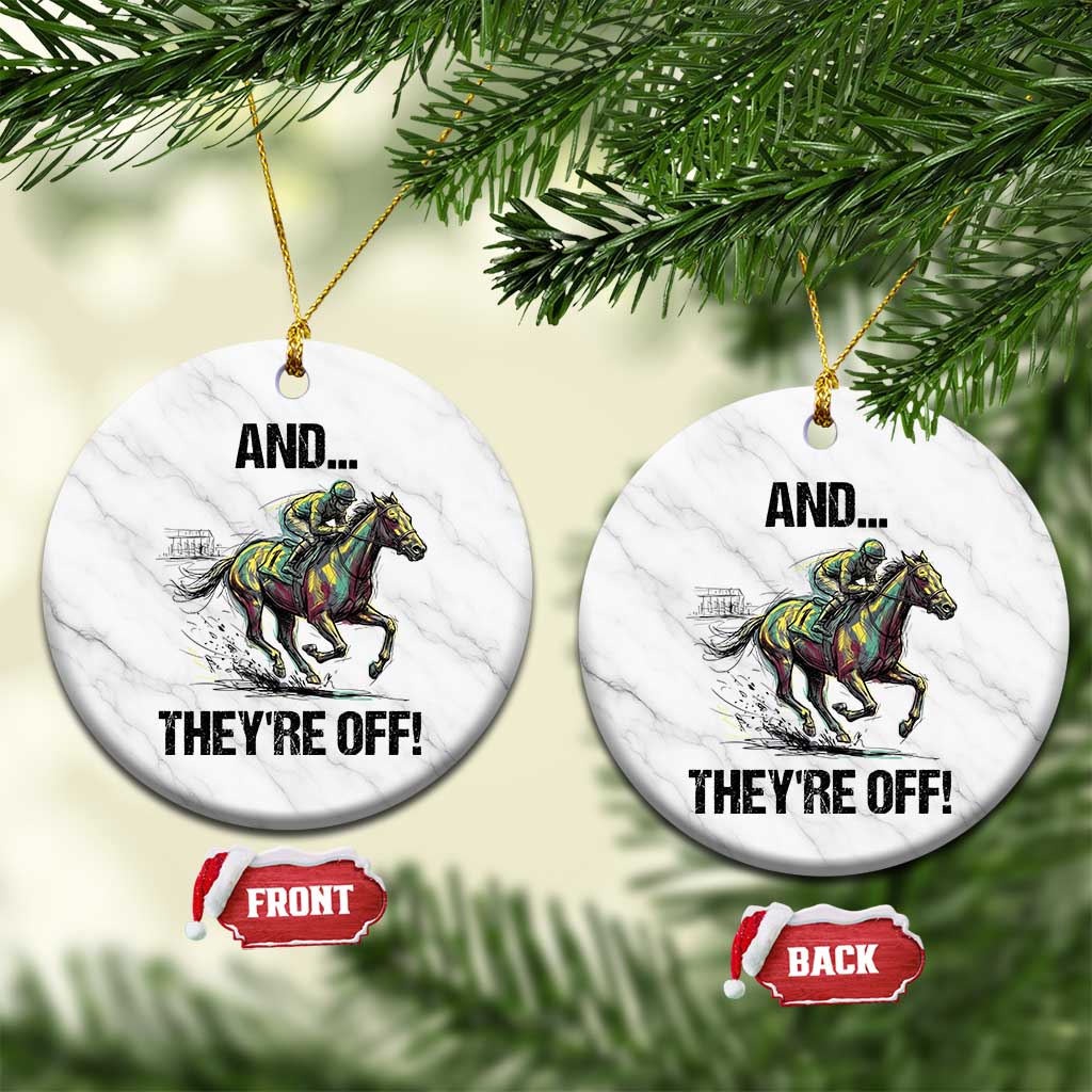And They’re Off Colorful Horse Racing Sketch Ceramic Ornament Jockey and Thoroughbred Sprinting Race Day TS02 1pc White Marble Print Your Wear