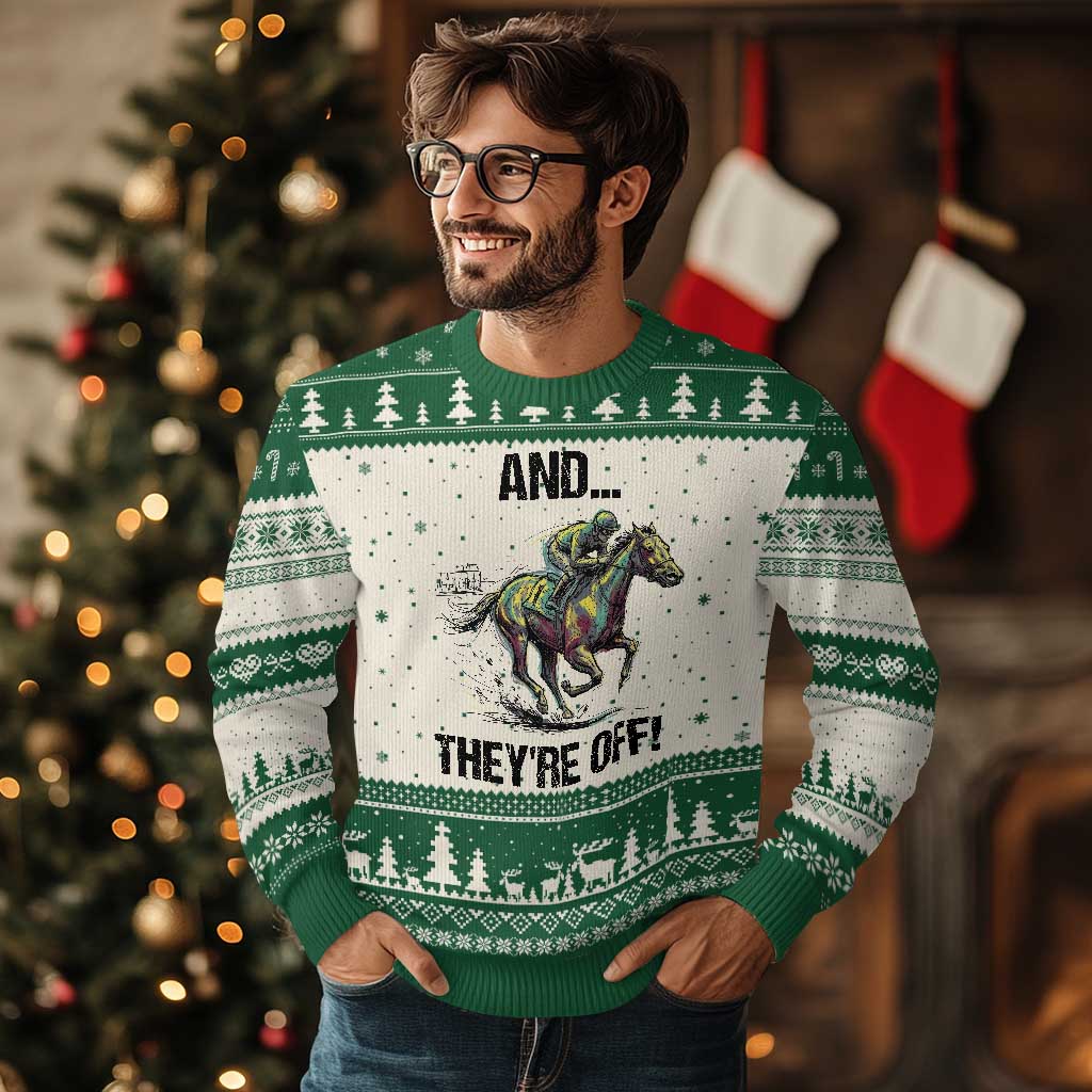 And They’re Off Colorful Horse Racing Sketch Ugly Christmas Sweater Jockey and Thoroughbred Sprinting Race Day TS02 Beige Green Print Your Wear