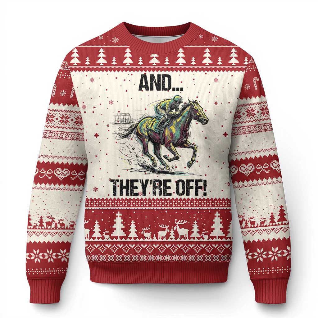 And They’re Off Colorful Horse Racing Sketch Ugly Christmas Sweater Jockey and Thoroughbred Sprinting Race Day TS02 Beige Red Print Your Wear