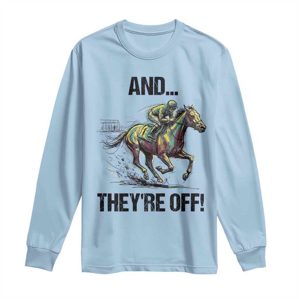 And They’re Off Colorful Horse Racing Sketch Long Sleeve Shirt Jockey and Thoroughbred Sprinting Race Day TS02 Light Blue Print Your Wear