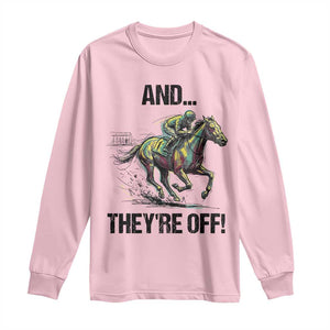 And They’re Off Colorful Horse Racing Sketch Long Sleeve Shirt Jockey and Thoroughbred Sprinting Race Day TS02 Light Pink Print Your Wear