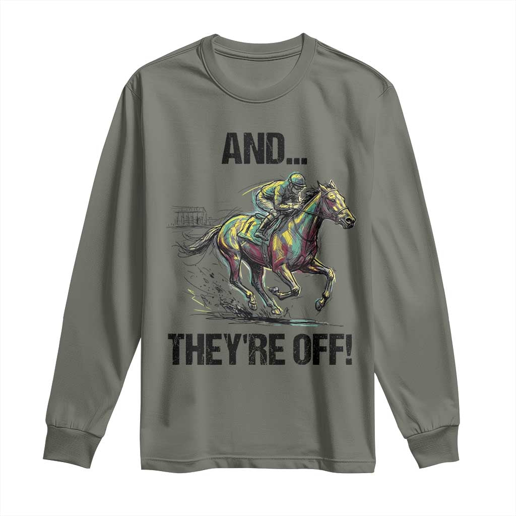 And They’re Off Colorful Horse Racing Sketch Long Sleeve Shirt Jockey and Thoroughbred Sprinting Race Day TS02 Military Green Print Your Wear