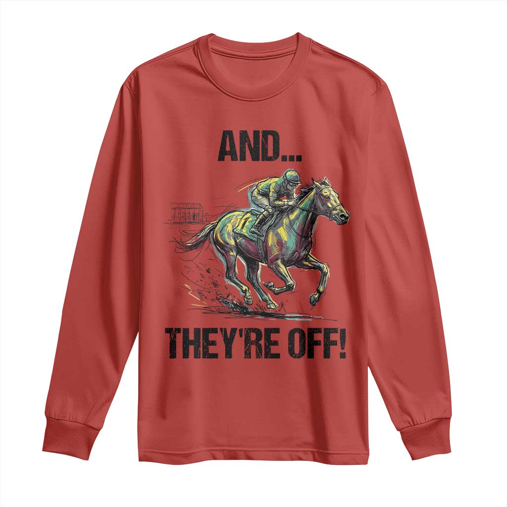 And They’re Off Colorful Horse Racing Sketch Long Sleeve Shirt Jockey and Thoroughbred Sprinting Race Day TS02 Red Print Your Wear