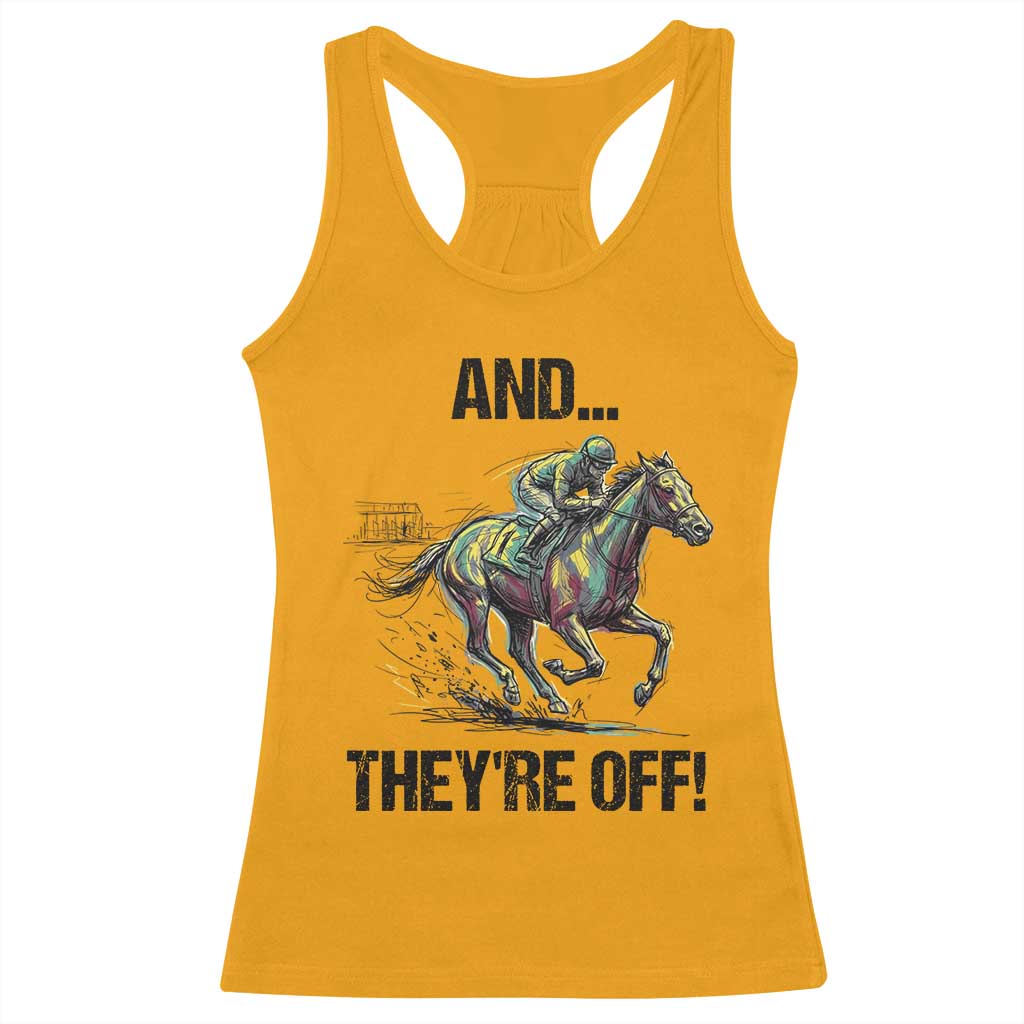 And They’re Off Colorful Horse Racing Sketch Racerback Tank Top Jockey and Thoroughbred Sprinting Race Day TS02 Gold Print Your Wear