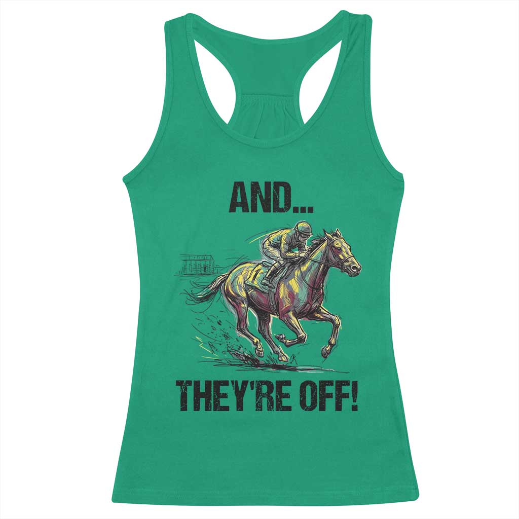 And They’re Off Colorful Horse Racing Sketch Racerback Tank Top Jockey and Thoroughbred Sprinting Race Day TS02 Irish Green Print Your Wear