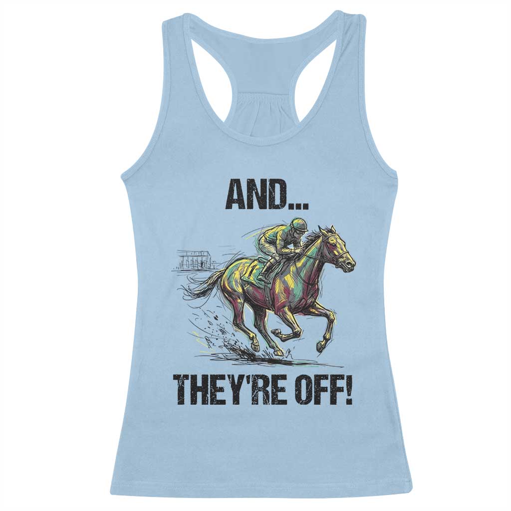 And They’re Off Colorful Horse Racing Sketch Racerback Tank Top Jockey and Thoroughbred Sprinting Race Day TS02 Light Blue Print Your Wear