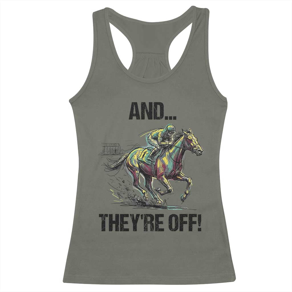 And They’re Off Colorful Horse Racing Sketch Racerback Tank Top Jockey and Thoroughbred Sprinting Race Day TS02 Military Green Print Your Wear
