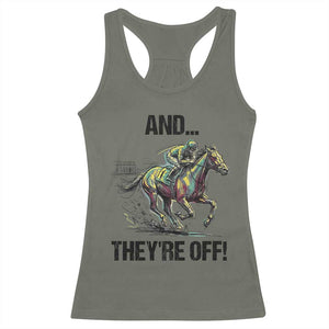 And They’re Off Colorful Horse Racing Sketch Racerback Tank Top Jockey and Thoroughbred Sprinting Race Day TS02 Military Green Print Your Wear