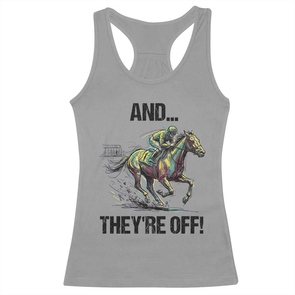 And They’re Off Colorful Horse Racing Sketch Racerback Tank Top Jockey and Thoroughbred Sprinting Race Day TS02 Sport Gray Print Your Wear