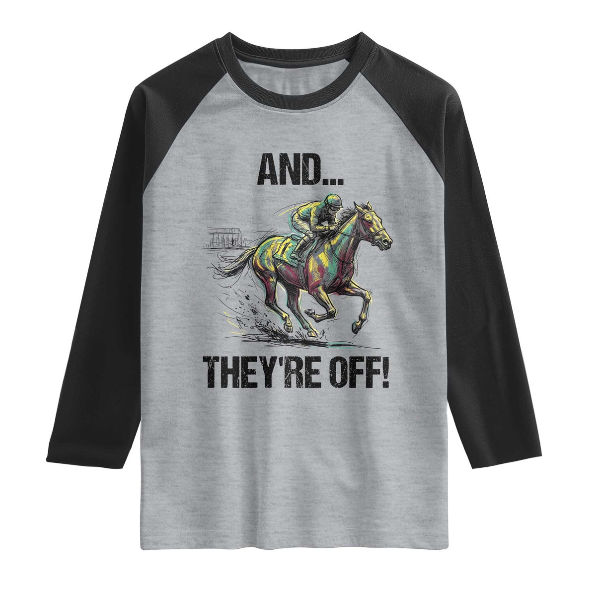 And They’re Off Colorful Horse Racing Sketch Raglan Shirt Jockey and Thoroughbred Sprinting Race Day TS02 Heather Gray Black Print Your Wear
