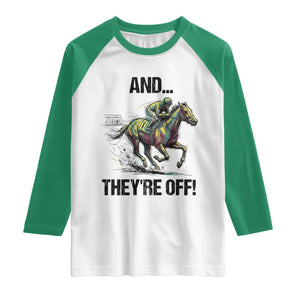 And They’re Off Colorful Horse Racing Sketch Raglan Shirt Jockey and Thoroughbred Sprinting Race Day TS02 White Kelly Green Print Your Wear