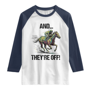 And They’re Off Colorful Horse Racing Sketch Raglan Shirt Jockey and Thoroughbred Sprinting Race Day TS02 White Navy Print Your Wear