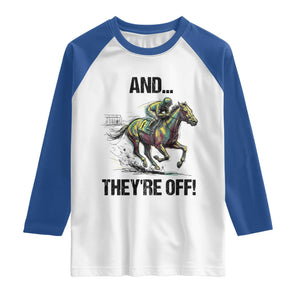 And They’re Off Colorful Horse Racing Sketch Raglan Shirt Jockey and Thoroughbred Sprinting Race Day TS02 White Royal Print Your Wear