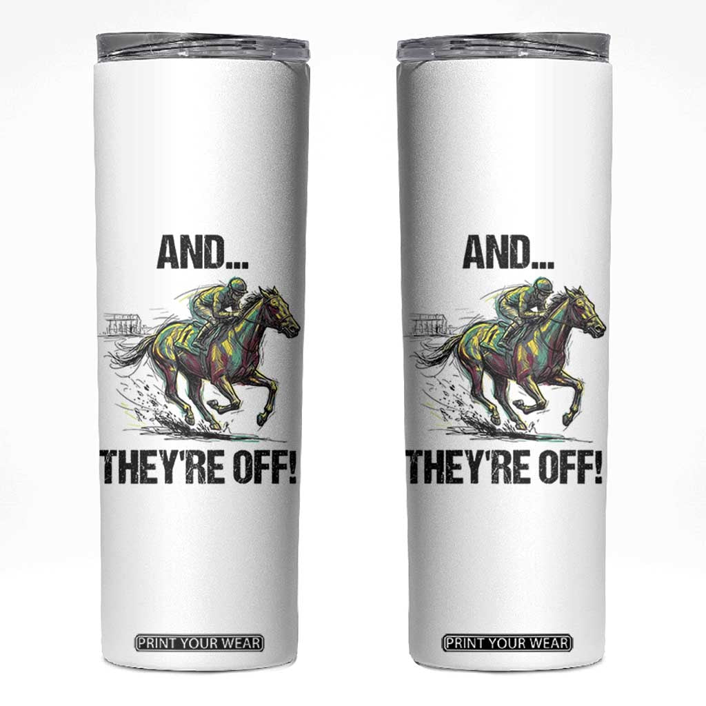 And They’re Off Colorful Horse Racing Sketch Skinny Tumbler Jockey and Thoroughbred Sprinting Race Day TS02 White Print Your Wear