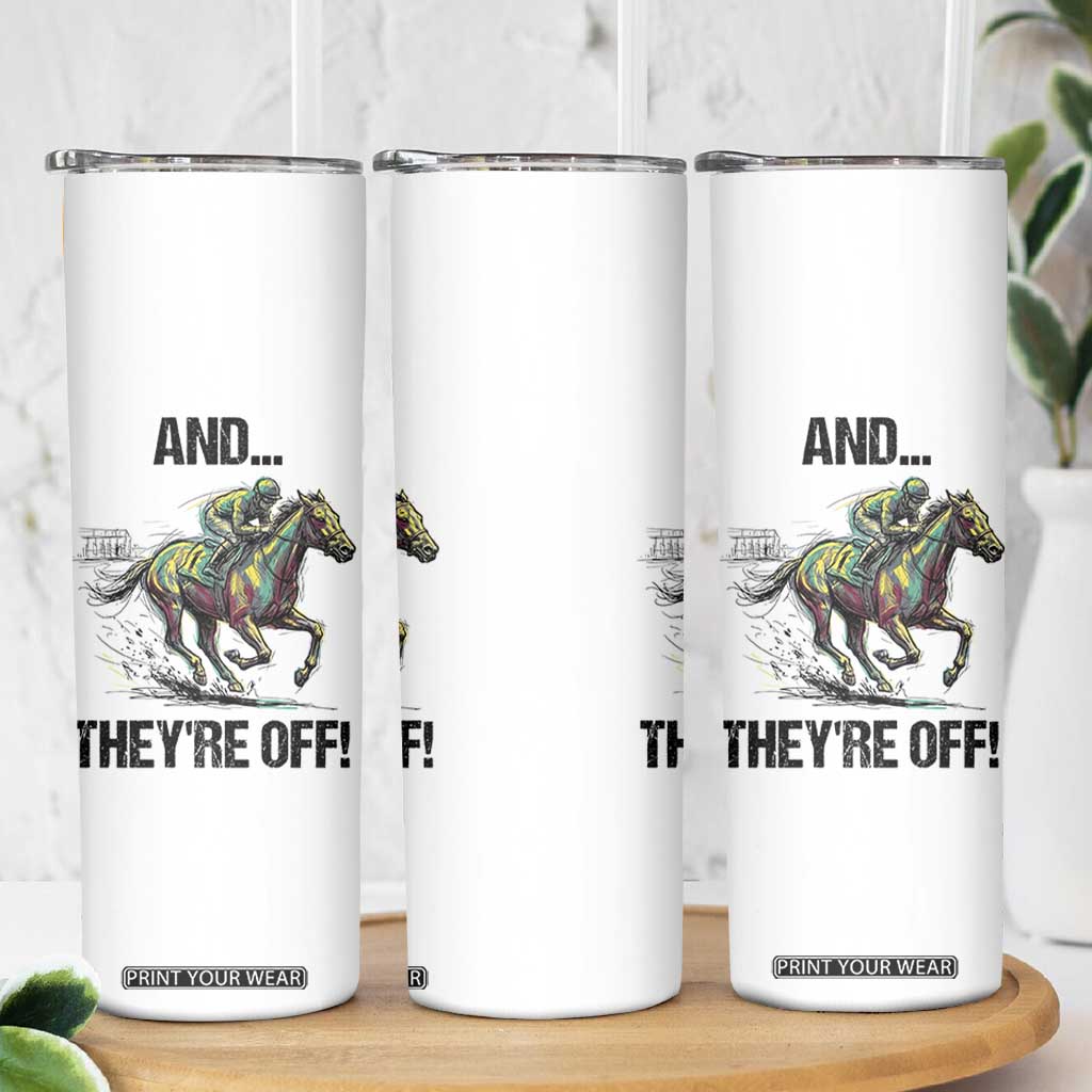And They’re Off Colorful Horse Racing Sketch Skinny Tumbler Jockey and Thoroughbred Sprinting Race Day TS02 Print Your Wear