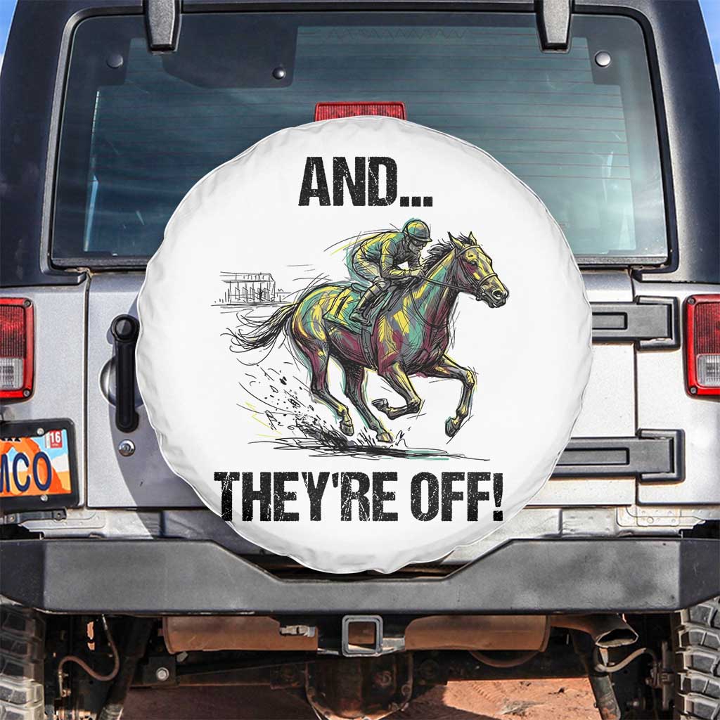 And They’re Off Colorful Horse Racing Sketch Spare Tire Cover Jockey and Thoroughbred Sprinting Race Day TS02 No hole White Print Your Wear
