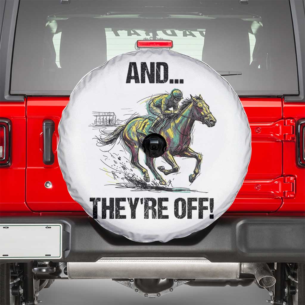 And They’re Off Colorful Horse Racing Sketch Spare Tire Cover Jockey and Thoroughbred Sprinting Race Day TS02 White Print Your Wear