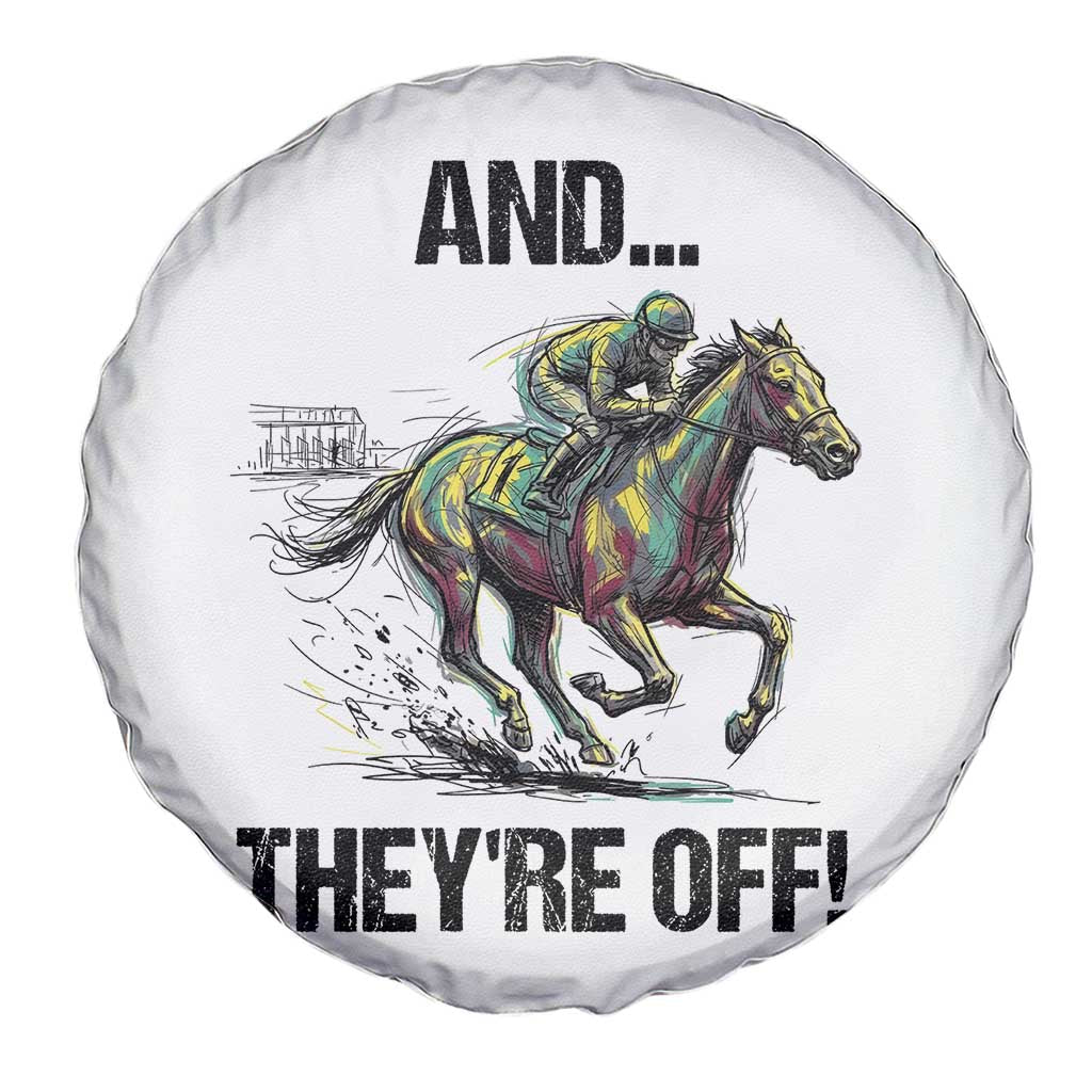 And They’re Off Colorful Horse Racing Sketch Spare Tire Cover Jockey and Thoroughbred Sprinting Race Day TS02 Print Your Wear