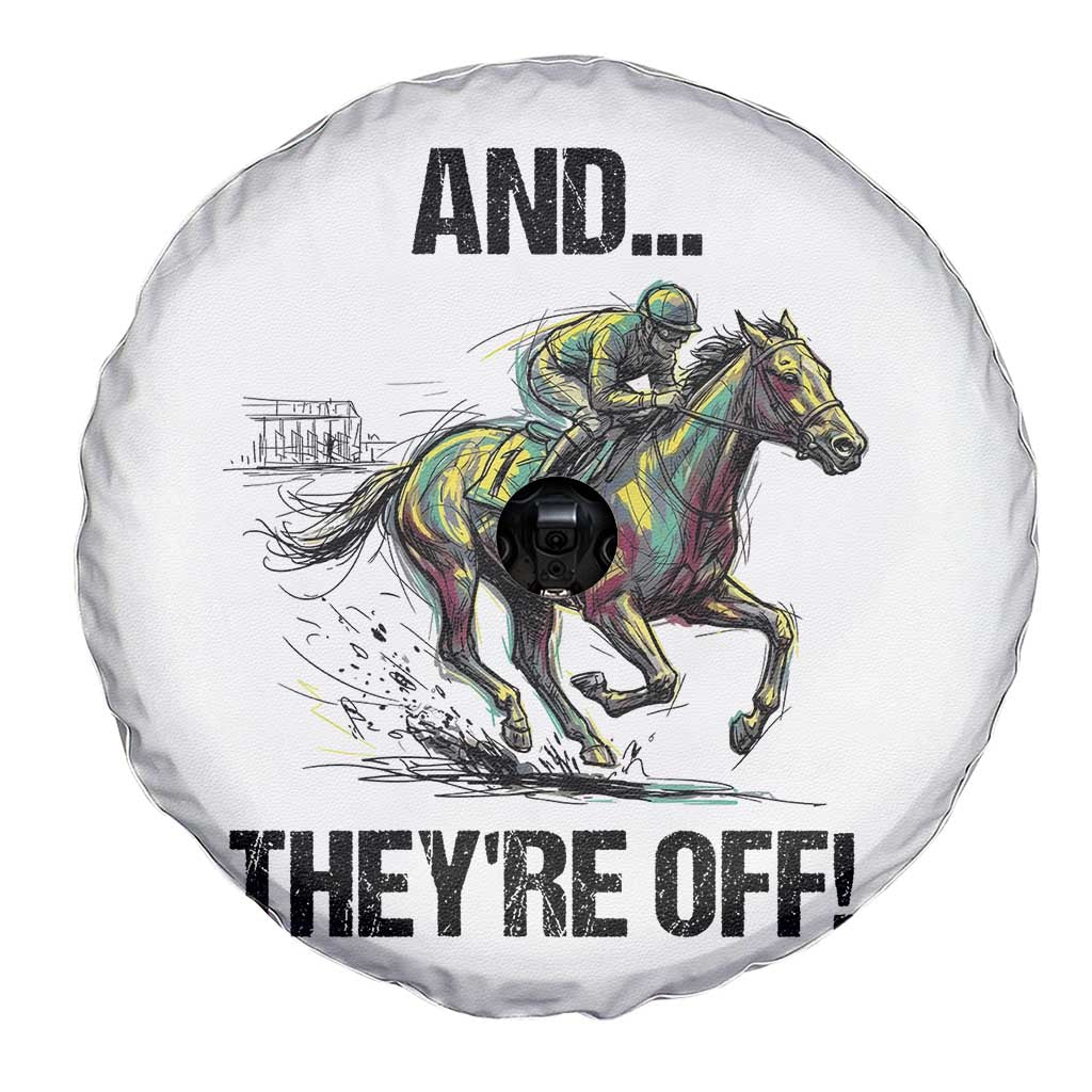 And They’re Off Colorful Horse Racing Sketch Spare Tire Cover Jockey and Thoroughbred Sprinting Race Day TS02 Print Your Wear