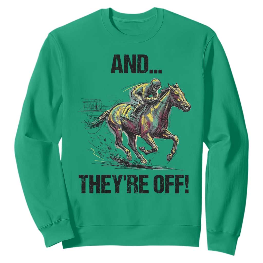 And They’re Off Colorful Horse Racing Sketch Sweatshirt Jockey and Thoroughbred Sprinting Race Day TS02 Irish Green Print Your Wear