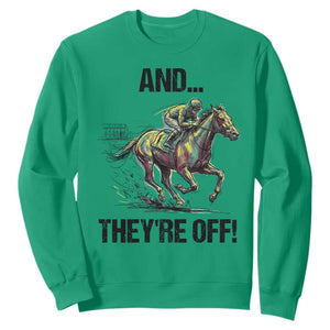 And They’re Off Colorful Horse Racing Sketch Sweatshirt Jockey and Thoroughbred Sprinting Race Day TS02 Irish Green Print Your Wear