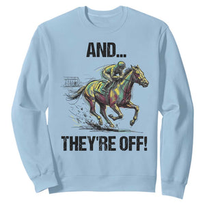 And They’re Off Colorful Horse Racing Sketch Sweatshirt Jockey and Thoroughbred Sprinting Race Day TS02 Light Blue Print Your Wear