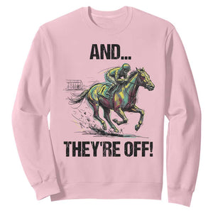 And They’re Off Colorful Horse Racing Sketch Sweatshirt Jockey and Thoroughbred Sprinting Race Day TS02 Light Pink Print Your Wear
