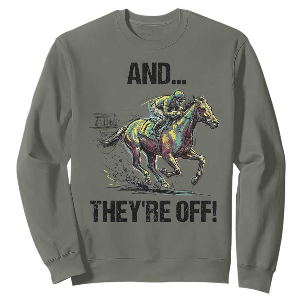 And They’re Off Colorful Horse Racing Sketch Sweatshirt Jockey and Thoroughbred Sprinting Race Day TS02 Military Green Print Your Wear