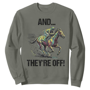 And They’re Off Colorful Horse Racing Sketch Sweatshirt Jockey and Thoroughbred Sprinting Race Day TS02 Military Green Print Your Wear