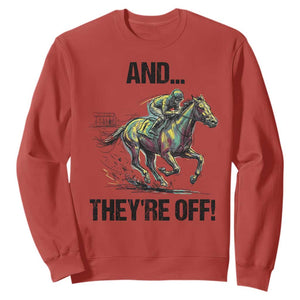 And They’re Off Colorful Horse Racing Sketch Sweatshirt Jockey and Thoroughbred Sprinting Race Day TS02 Red Print Your Wear
