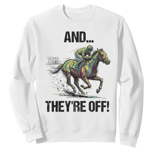 And They’re Off Colorful Horse Racing Sketch Sweatshirt Jockey and Thoroughbred Sprinting Race Day TS02 White Print Your Wear
