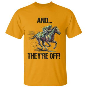 And They’re Off Colorful Horse Racing Sketch T Shirt Jockey and Thoroughbred Sprinting Race Day TS02 Gold Print Your Wear