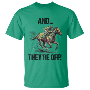 And They’re Off Colorful Horse Racing Sketch T Shirt Jockey and Thoroughbred Sprinting Race Day TS02 Irish Green Print Your Wear