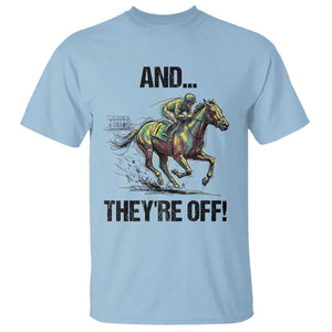 And They’re Off Colorful Horse Racing Sketch T Shirt Jockey and Thoroughbred Sprinting Race Day TS02 Light Blue Print Your Wear