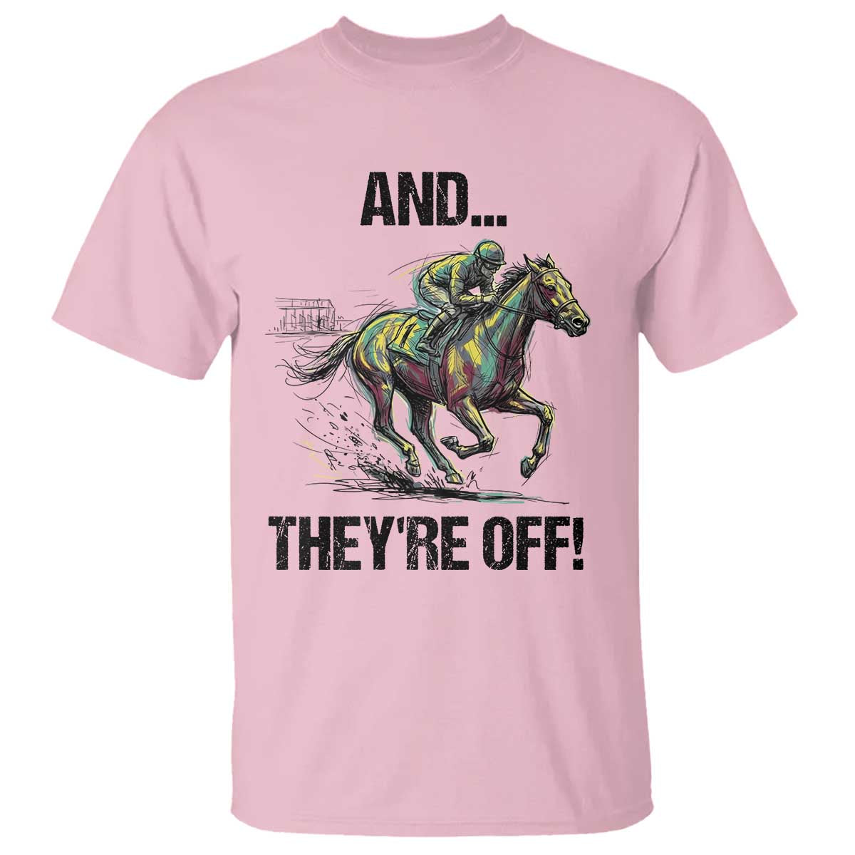 And They’re Off Colorful Horse Racing Sketch T Shirt Jockey and Thoroughbred Sprinting Race Day TS02 Light Pink Print Your Wear