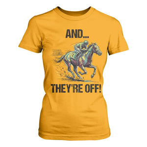 And They’re Off Colorful Horse Racing Sketch T Shirt For Women Jockey and Thoroughbred Sprinting Race Day TS02 Gold Print Your Wear